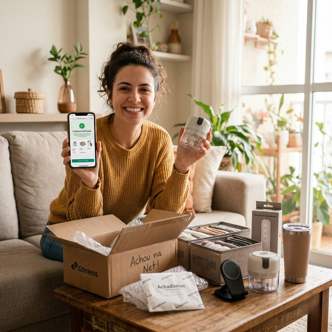 Uma jovem mulher sentada no sofá de uma sala bem iluminada e decorada. Ela sorri para a câmera enquanto segura um smartphone com a tela virada para frente na mão direita e um pequeno processador de alimentos branco na mão esquerda. Sobre uma mesa de centro de madeira à sua frente, há uma caixa de papelão aberta com "Correios" e "Achou na Net!" escritos, ao lado de organizadores de gaveta, um suporte para celular preto, um copo térmico rosa claro e outros produtos pequenos de utilidade doméstica.